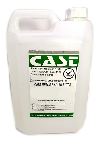 Fluxo De Soldar Líquido Cast Soldas 4105 No Clean 05 Litros | Parcelamento sem juros
